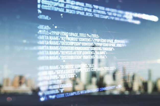 Multi exposure of abstract graphic coding sketch on blurry skyscrapers background big data and networking concept