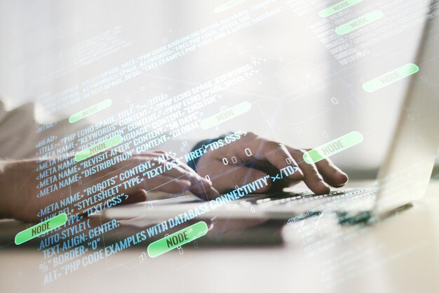Multi exposure of abstract graphic coding sketch with hands typing on computer keyboard on background big data and networking concept