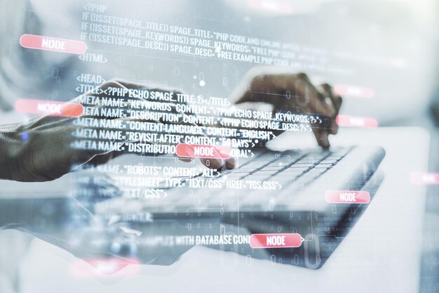 Multi exposure of abstract graphic coding sketch with hands typing on computer keyboard on background big data and networking concept