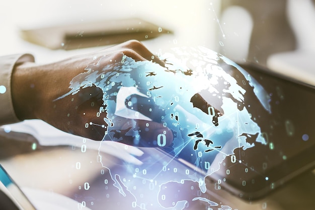 Multi exposure of abstract graphic coding sketch with world map and hand working with a digital tablet on background big data and networking concept