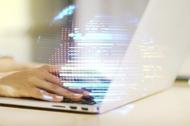 Multi exposure of abstract graphic coding sketch with world map and hands typing on computer keyboard on background big data and networking concept