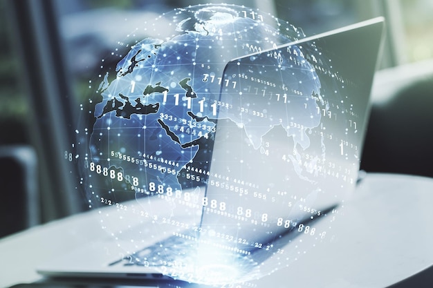 Multi exposure of abstract graphic coding sketch with world map on modern computer background big data and networking concept