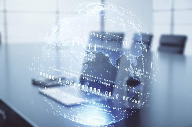 Multi exposure of abstract graphic coding sketch with world map on modern computer background big data and networking concept