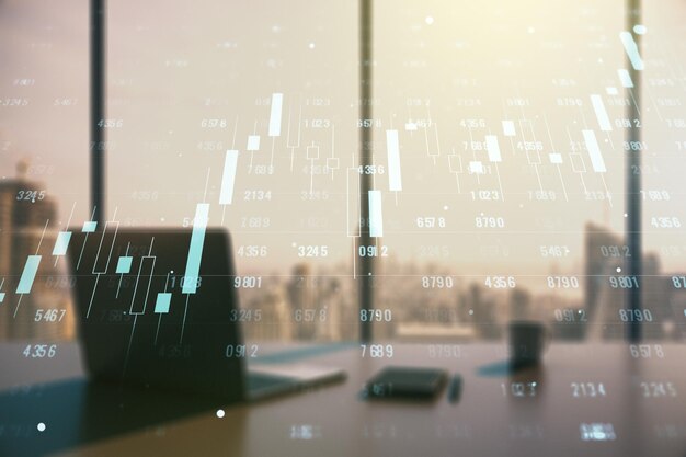 multi exposure of abstract graphic data spreadsheet sketch and modern desktop with pc on background analytics and analysis concept
