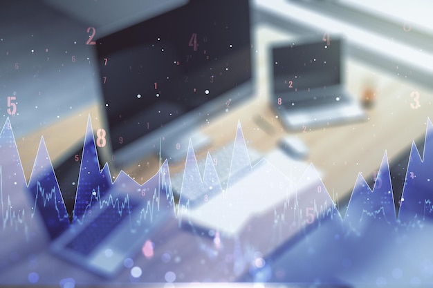 Multi exposure of abstract graphic data spreadsheet sketch and modern desktop with pc on background analytics and analysis concept