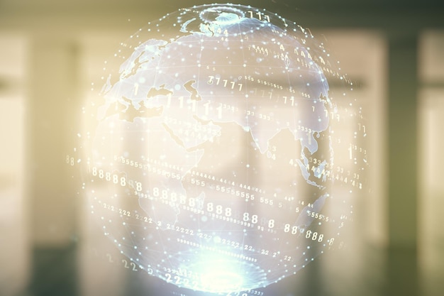 Multi exposure of abstract programming language hologram and world map on abstract empty interior background artificial intelligence and neural networks concept