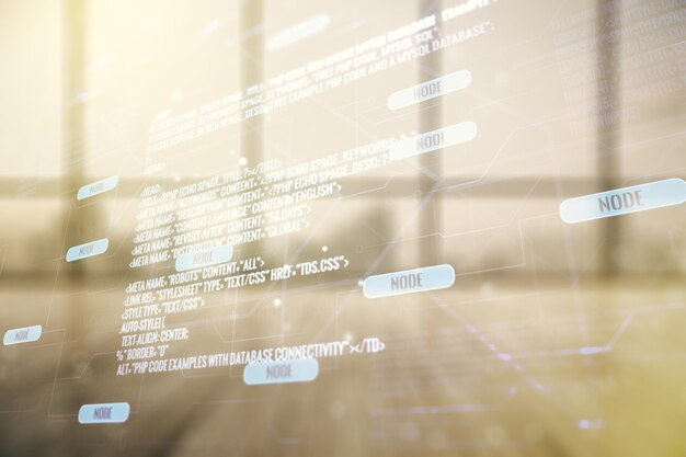 Multi exposure of abstract programming language hologram on abstract empty interior background artificial intelligence and machine learning concept