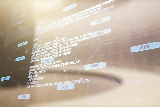 Multi exposure of abstract programming language hologram on abstract empty interior background artificial intelligence and machine learning concept