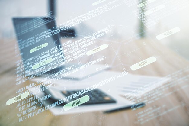 Multi exposure of abstract programming language hologram on calculator and pc background artificial intelligence and machine learning concept