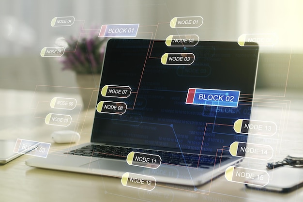 Multi exposure of abstract programming language hologram on computer background artificial intelligence and machine learning concept