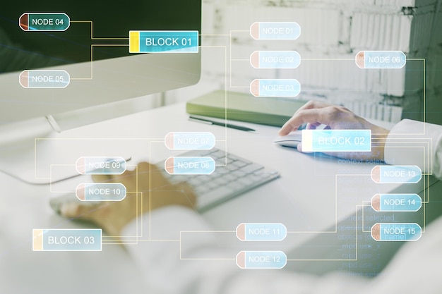 Multi exposure of abstract programming language hologram with hands typing on computer keyboard on background artificial intelligence and machine learning concept