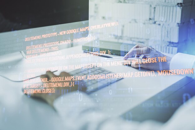 Multi exposure of abstract programming language hologram with hands typing on computer keyboard on background artificial intelligence and machine learning concept