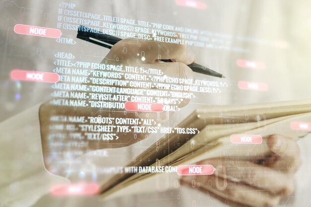 Multi exposure of abstract programming language hologram with man hand writing in notepad on background artificial intelligence and machine learning concept