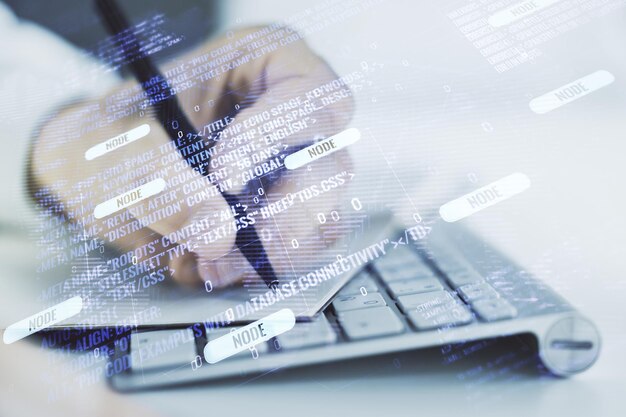 Multi exposure of abstract programming language hologram with world map and hand writing in notepad on background with laptop artificial intelligence and neural networks concept