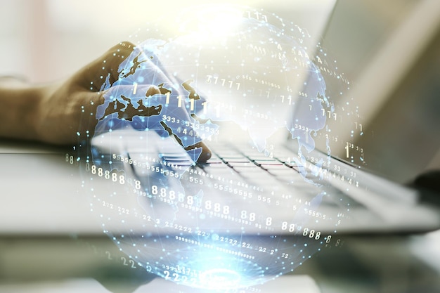 Multi exposure of abstract programming language hologram with world map and hands typing on computer keyboard on background artificial intelligence and neural networks concept