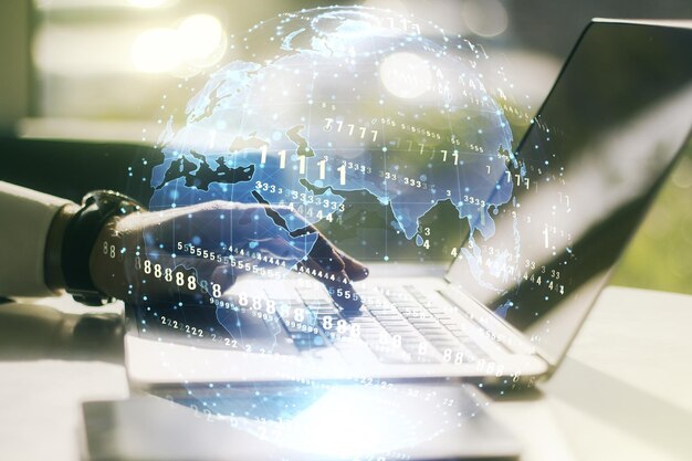 Multi exposure of abstract programming language hologram with world map and hands typing on computer keyboard on background artificial intelligence and neural networks concept