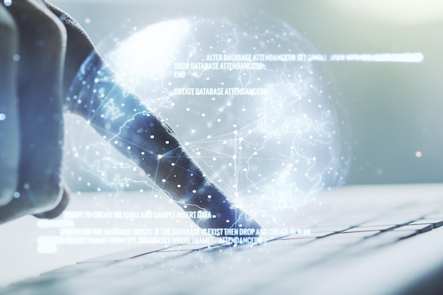 Multi exposure of abstract programming language hologram with world map and hands typing on computer keyboard on background artificial intelligence and neural networks concept