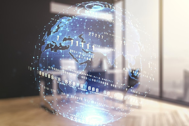 Multi exposure of abstract programming language hologram with world map and modern desk with computer on background artificial intelligence and neural networks concept