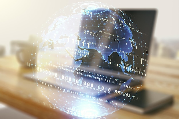 Multi exposure of abstract programming language hologram with world map and modern desk with computer on background artificial intelligence and neural networks concept
