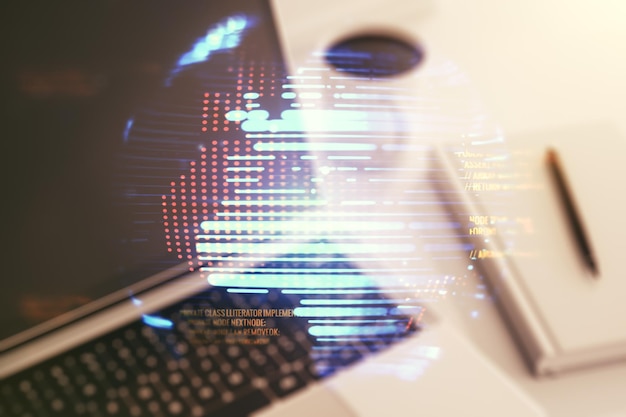 Multi exposure of abstract programming language hologram with world map on computer background artificial intelligence and neural networks concept