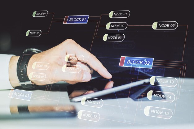Multi exposure of abstract software development hologram and finger presses on a digital tablet on background research and analytics concept