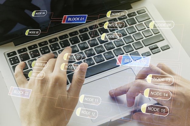 Multi exposure of abstract software development hologram and hands typing on computer keyboard on background research and analytics concept