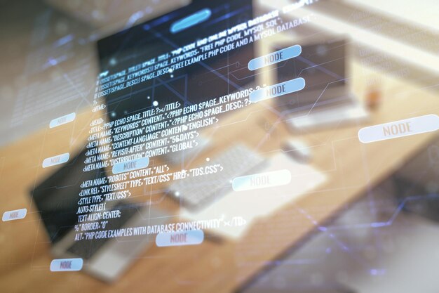 Multi exposure of abstract software development hologram and modern desktop with laptop on background research and analytics concept