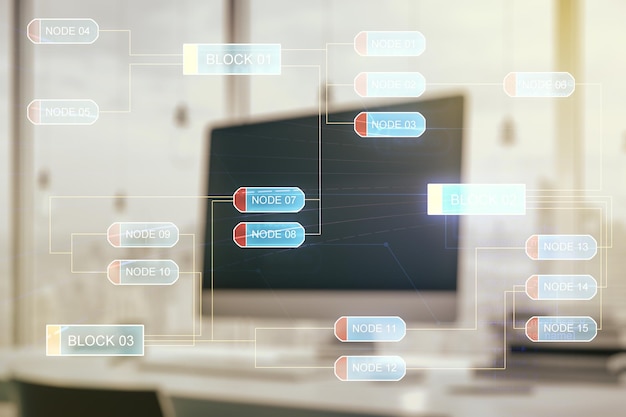 Multi exposure of abstract software development hologram on laptop background research and analytics concept