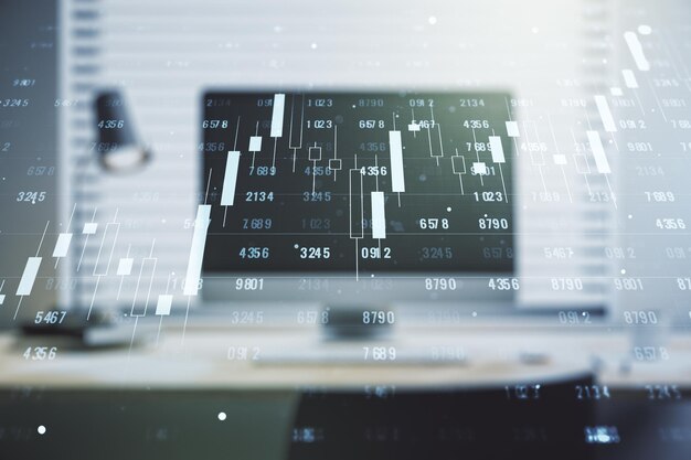 Multi exposure of abstract statistics data hologram interface on computer background computing and analytics concept