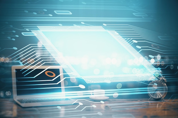 multi exposure of computer on background and technology theme drawing concept of innovation