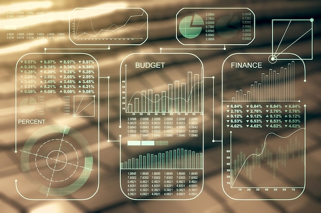 Multi exposure of creative statistics data hologram on blurry metal background, stats and analytics concept