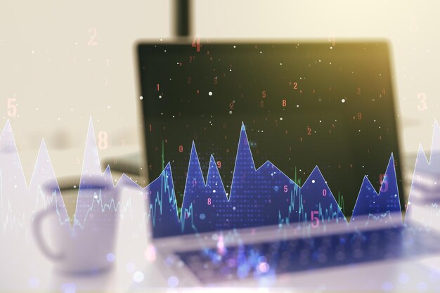 Multi exposure of creative statistics data hologram on laptop background stats and analytics concept