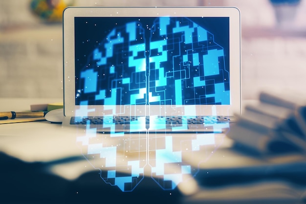 multi exposure of desktop computer and technology theme hologram concept of software development