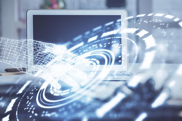 Multi exposure of desktop computer and technology theme hologram Concept of software development
