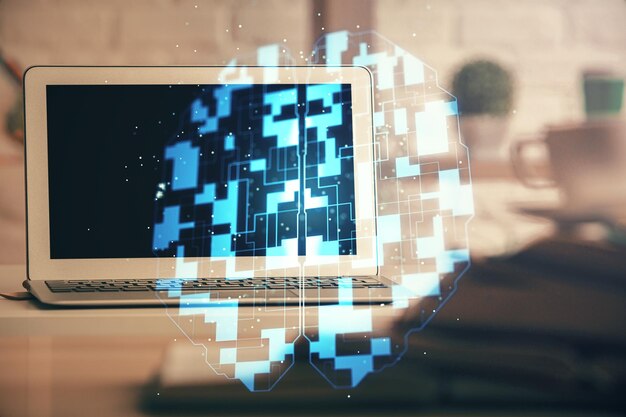 multi exposure of desktop computer and technology theme hologram concept of software development