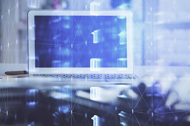 multi exposure of desktop computer and technology theme hologram concept of software development