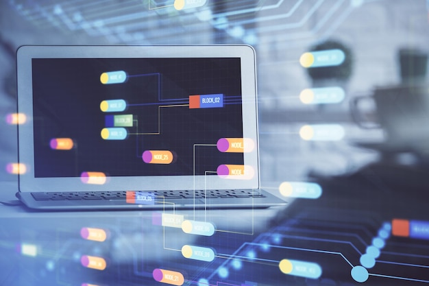 Multi exposure of desktop computer and technology theme hologram Concept of software development