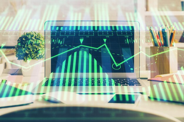 Multi exposure of desktop with personal computer and tech theme drawing Concept of Bigdata