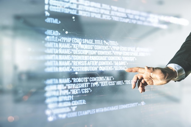 Multi exposure of developers hand working with abstract creative coding sketch on blurred office background artificial intelligence and neural networks concept