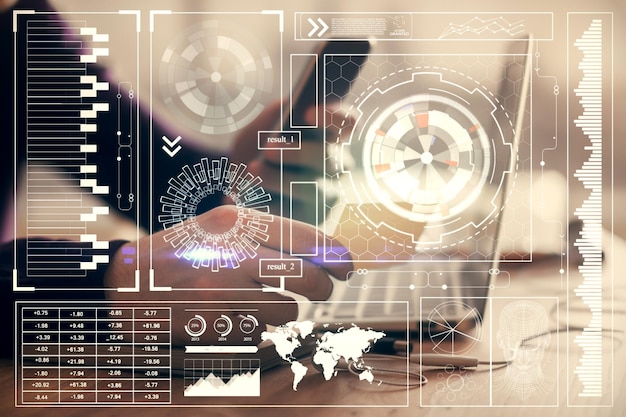 multi exposure of mans hands holding and using a digital device and data theme drawing innovation concept