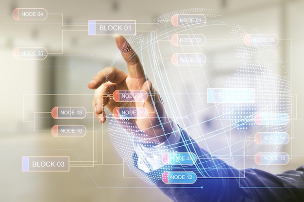 Multi exposure of programmer's hand working with abstract creative coding sketch and world map on blurred office background artificial intelligence and neural networks concept