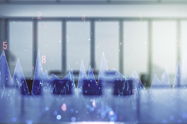 multi exposure of stats data illustration on a modern conference room background computing and analytics concept
