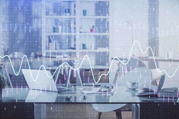 Multi exposure of stock market chart drawing and office interior background Concept of financial analysis