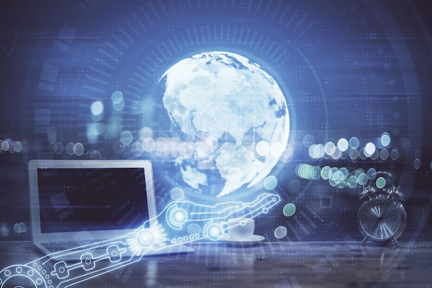Multi exposure of table with computer and world map hologram International data network concept