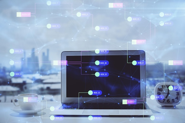 Multi exposure of table with computer on background and data theme drawing Concept of innovation