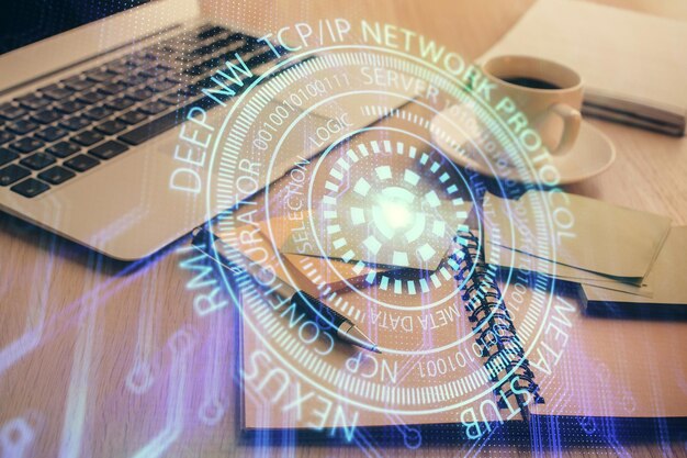 Multi exposure of technology theme drawing and desktop with coffee and items on table background Concept of data research