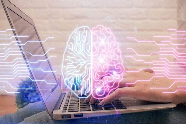 Multi exposure of woman hands working on computer and brain hologram drawing Ai concept