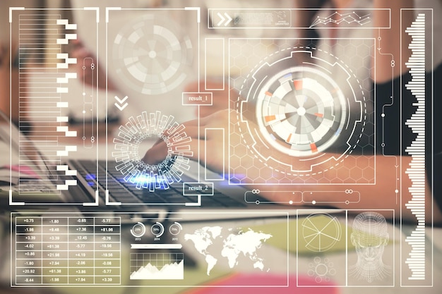 multi exposure of woman hands working on computer and data theme hologram drawing tech concept