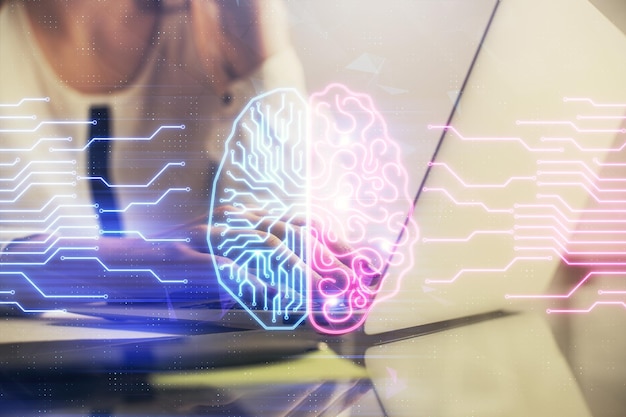 Multi exposure of woman hands working on computer and human brain hologram drawing Ai tech concept