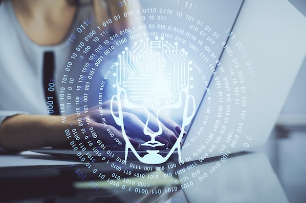 Multi exposure of woman hands working on computer and human brain hologram drawing Ai tech concept